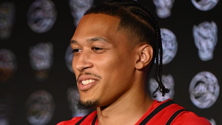 Oct 8, 2025; Charlotte, NC, USA; NC State player Darrion Williams answers questions from the media at The Hilton Charlotte Uptown. Mandatory Credit: William Howard-Imagn Images