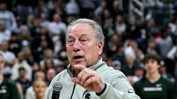 Michigan State's head coach Tom Izzo thanks the alumni Izzone for supporting the Spartans in the victory over USC on Monday, Jan. 5, 2026, at the Breslin Center in East Lansing.