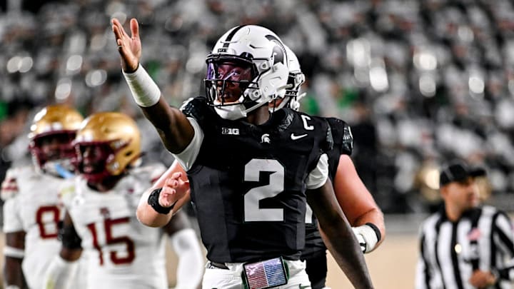 Michigan State's Aidan Chiles celebrates after a first down run against Boston College during the fourth quarter on Saturday, Sept. 6, 2025, at Spartan Stadium in East Lansing.