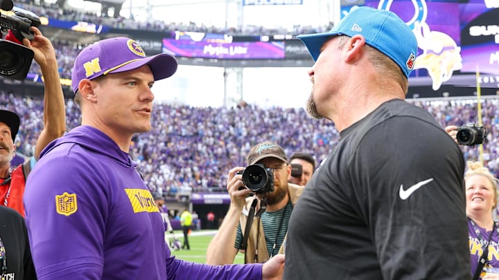 Oct 20, 2024; Minneapolis, Minnesota, USA; Minnesota Vikings head coach Kevin O'Connell and Detroit Lions head coach Dan Campbell shakes hands after the game at U.S. Bank Stadium.