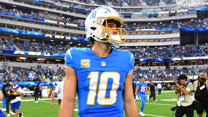 Oct 5, 2025; Inglewood, California, USA; Los Angeles Chargers quarterback Justin Herbert (10) reacts after the game against the Washington Commanders at SoFi Stadium. Mandatory Credit: Gary A. Vasquez-Imagn Images Oct 5, 2025; Inglewood, California, USA; Los Angeles Chargers quarterback Justin Herbert (10) reacts after the game against the Washington Commanders at SoFi Stadium. Mandatory Credit: Gary A. Vasquez-Imagn Images