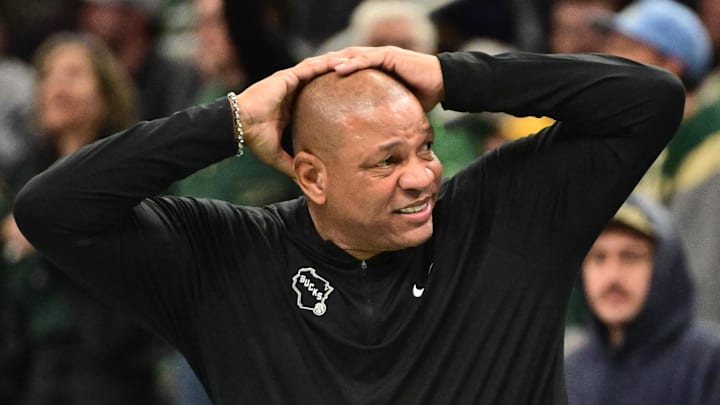 Milwaukee Bucks head coach Doc Rivers reacts in the 4th quarter against the Chicago Bulls at Fiserv Forum on November 7, 2025.