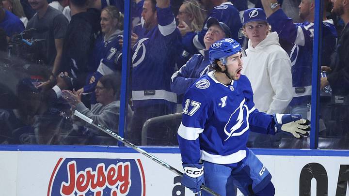 Apr 29, 2026; Tampa, Florida, USA; Tampa Bay Lightning center Dominic James (17) reacts after scoring a goal against the Montreal Canadiens in the second period during game five of the first round of the 2026 Stanley Cup Playoffs at Benchmark International Arena. Mandatory Credit: Nathan Ray Seebeck-Imagn Images Apr 29, 2026; Tampa, Florida, USA; Tampa Bay Lightning center Dominic James (17) reacts after scoring a goal against the Montreal Canadiens in the second period during game five of the first round of the 2026 Stanley Cup Playoffs at Benchmark International Arena. Mandatory Credit: Nathan Ray Seebeck-Imagn Images