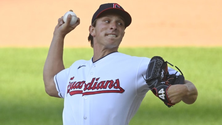 Aug 18, 2023; Cleveland, Ohio, USA; Cleveland Guardians relief pitcher James Karinchak (99) delivers a pitch seventh inning against the Detroit Tigers at Progressive Field. Mandatory Credit: David Richard-Imagn Images