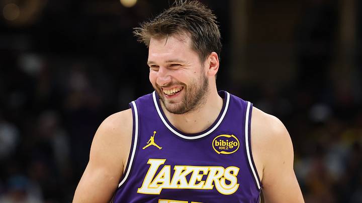 INDIANAPOLIS, INDIANA - MARCH 25: Luka Doncic #77 of the Los Angeles Lakers celebrates after a basket. (Photo by Andy Lyons/Getty Images)