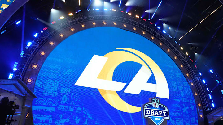 Apr 25, 2024; Detroit, MI, USA; A Los Angeles Rams logo at the 2024 NFL Draft at Campus Martius Park and Hart Plaza. Mandatory Credit: Kirby Lee-Imagn Images Apr 25, 2024; Detroit, MI, USA; A Los Angeles Rams logo at the 2024 NFL Draft at Campus Martius Park and Hart Plaza. Mandatory Credit: Kirby Lee-Imagn Images