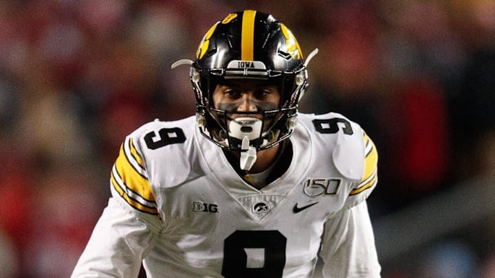 Nov 9, 2019; Madison, WI, USA; Iowa Hawkeyes defensive back Geno Stone (9) during the game against the Wisconsin Badgers at Camp Randall Stadium. Mandatory Credit: Jeff Hanisch-Imagn Images