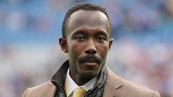 Sep 28, 2025; Dublin, Ireland; Minnesota Vikings general manager Kwesi Adofo-Mensah stands on the sidelines prior to a game against the Pittsburgh Steelers during an NFL International Series game at Croke Park. 