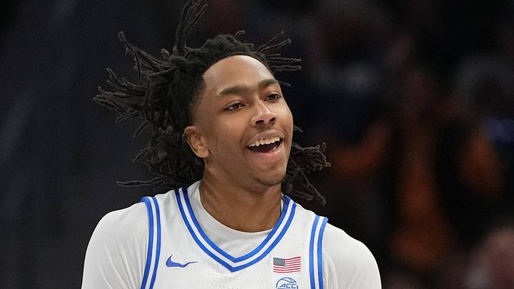 Mar 14, 2026; Charlotte, NC, USA; Duke Blue Devils guard Isaiah Evans (3) reacts in the second half during the men's ACC Conference Tournament Championship at Spectrum Center. Mandatory Credit: Bob Donnan-Imagn Images