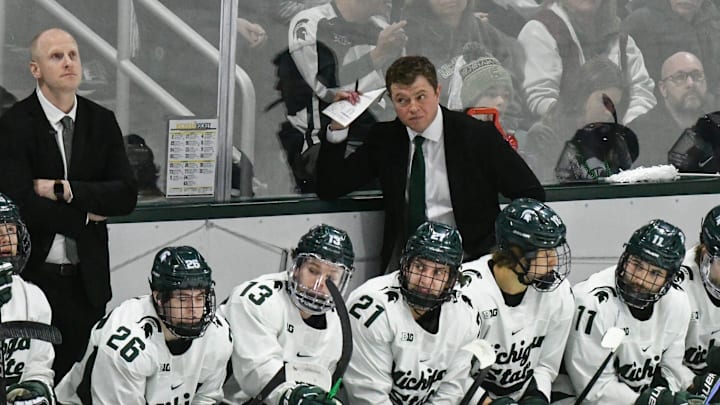 MSU hockey coach Adam Nightingale coaches his Spartans against U-M, Saturday, March 23, 2024, during the first period of the Big Ten hockey championship at Munn Ice Arena in East Lansing.