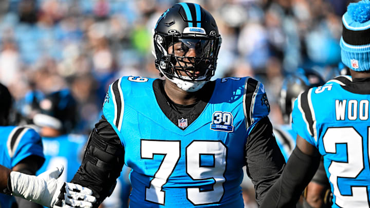 Oct 13, 2024; Charlotte, North Carolina, USA; Carolina Panthers offensive tackle Ikem Ekwonu (79) is introduced before the game at Bank of America Stadium. Mandatory Credit: Bob Donnan-Imagn Images Oct 13, 2024; Charlotte, North Carolina, USA; Carolina Panthers offensive tackle Ikem Ekwonu (79) is introduced before the game at Bank of America Stadium. Mandatory Credit: Bob Donnan-Imagn Images