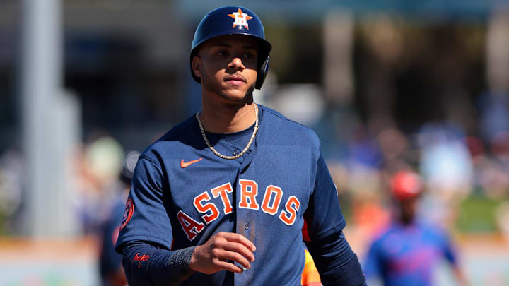 Feb 24, 2026; Port St. Lucie, Florida, USA; Houston Astros shortstop Jeremy Pena (3) looks on against the New York Mets during the first inning at Clover Park. Mandatory Credit: Sam Navarro-Imagn Images Feb 24, 2026; Port St. Lucie, Florida, USA; Houston Astros shortstop Jeremy Pena (3) looks on against the New York Mets during the first inning at Clover Park. Mandatory Credit: Sam Navarro-Imagn Images