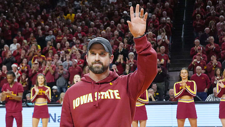 Iowa State football coach Jimmy Rogers speaks during a timeout in the first half in the Iowa State and Iowa men’s basketball Cy-Hawk series at Hilton coliseum on Dec. 11, 2025, in Ames, Iowa.