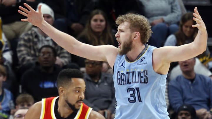 Jan 21, 2026; Memphis, Tennessee, USA; Memphis Grizzlies center Jock Landale (31) reacts during the first quarter against the Atlanta Hawks at FedExForum. Mandatory Credit: Petre Thomas-Imagn Images Jan 21, 2026; Memphis, Tennessee, USA; Memphis Grizzlies center Jock Landale (31) reacts during the first quarter against the Atlanta Hawks at FedExForum. Mandatory Credit: Petre Thomas-Imagn Images