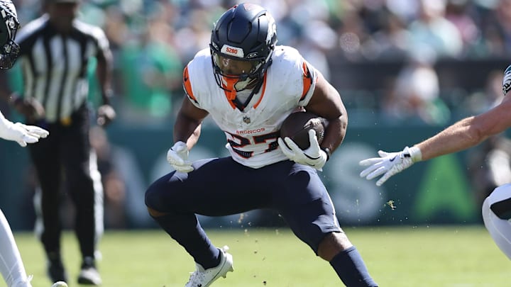 Oct 5, 2025; Philadelphia, Pennsylvania, USA; Denver Broncos running back J.K. Dobbins (27) runs against the Philadelphia Eagles in the second quarter at Lincoln Financial Field. Oct 5, 2025; Philadelphia, Pennsylvania, USA; Denver Broncos running back J.K. Dobbins (27) runs against the Philadelphia Eagles in the second quarter at Lincoln Financial Field.
