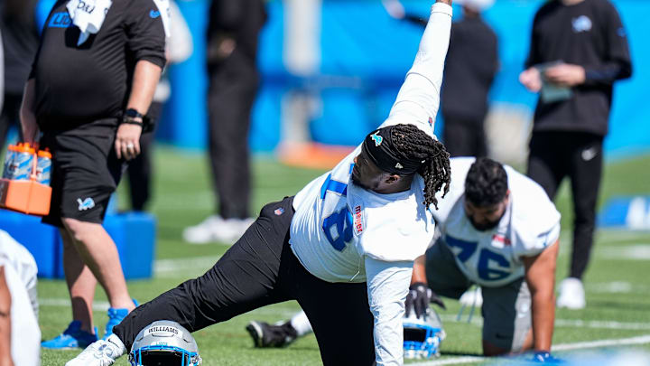 Detroit Lions defensive lineman Tyleik Williams (78) practices during rookie mini camp at Allen Park
