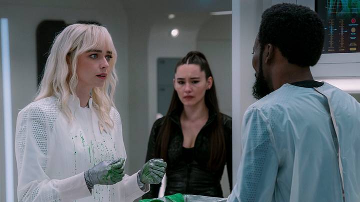 (L-R): Jess Bush as Christine Chapel, Christina Chong as La’an Noonien-Singh, and Babs Olusanmokun as Dr. M’Benga in Star Trek: Strange New Worlds, episode 7, season 4, streaming on Paramount+, 2026. Photo Credit: Brendan Adam-Zwelling/Paramount+ (L-R): Jess Bush as Christine Chapel, Christina Chong as La’an Noonien-Singh, and Babs Olusanmokun as Dr. M’Benga in Star Trek: Strange New Worlds, episode 7, season 4, streaming on Paramount+, 2026. Photo Credit: Brendan Adam-Zwelling/Paramount+