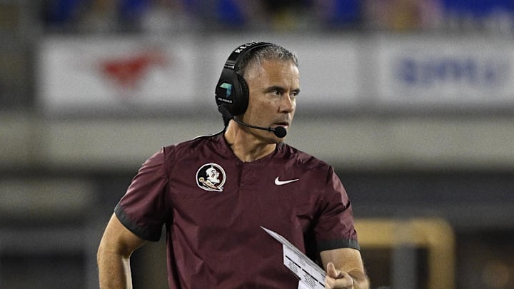 Sep 28, 2024; Dallas, Texas, USA; Florida State Seminoles head coach Mike Norvell during the game between the Southern Methodist Mustangs and the Florida State Seminoles at Gerald J. Ford Stadium. Mandatory Credit: Jerome Miron-Imagn Images Sep 28, 2024; Dallas, Texas, USA; Florida State Seminoles head coach Mike Norvell during the game between the Southern Methodist Mustangs and the Florida State Seminoles at Gerald J. Ford Stadium. Mandatory Credit: Jerome Miron-Imagn Images