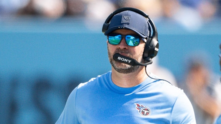 Sep 21, 2025; Nashville, Tennessee, USA;  Tennessee Titans head coach Brian Callahan paces the sidelines against the Indianapolis Colts during the second half at Nissan Stadium. Mandatory Credit: Steve Roberts-Imagn Images