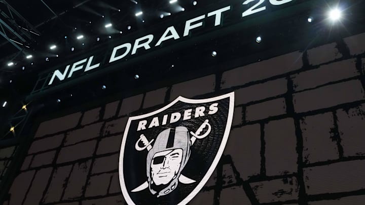 Apr 24, 2025; Green Bay, WI, USA; The Las Vegas Raiders logo is projected on the video board during the NFL Draft at Lambeau Field. Mandatory Credit: Kirby Lee-Imagn Images