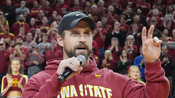 Iowa State football coach Jimmy Rogers speaks during a timeout in the first half in the Iowa State and Iowa men’s basketball Cy-Hawk series at Hilton coliseum on Dec. 11, 2025, in Ames, Iowa.
