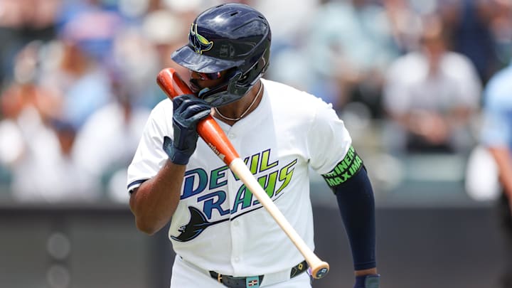 Tampa Bay Rays third baseman Junior Caminero (13) hits a home run against the Detroit Tigers in the fourth inning at George M. Steinbrenner Field.