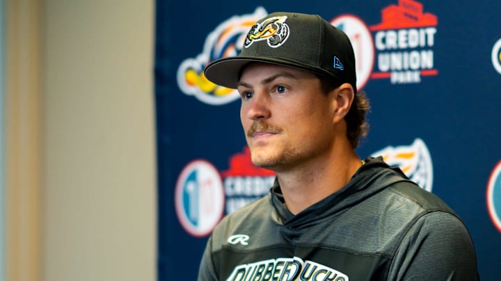 Akron RubberDucks pitcher Khal Stephen answers questions from reporters during media day April 1, 2026, at 7 17 Credit Union Park in Akron.