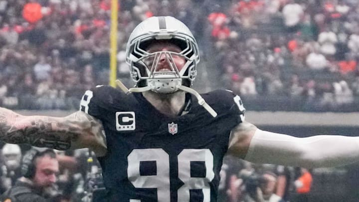 Dec 7, 2025; Paradise, Nevada, USA;  Las Vegas Raiders defensive end Maxx Crosby (98) takes the field prior to a game against the Denver Broncos at Allegiant Stadium. Mandatory Credit: Kirby Lee-Imagn Images