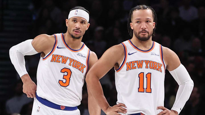 Jan 21, 2025; Brooklyn, New York, USA;  New York Knicks guards Josh Hart (3) and Jalen Brunson (11) at Barclays Center. Mandatory Credit: Wendell Cruz-Imagn Images
