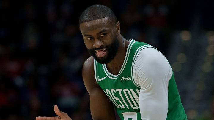 Oct 27, 2025; New Orleans, Louisiana, USA; Boston Celtics guard Jaylen Brown (7) reacts during the first half against the New Orleans Pelicans at Smoothie King Center. Mandatory Credit: Matthew Hinton-Imagn Images