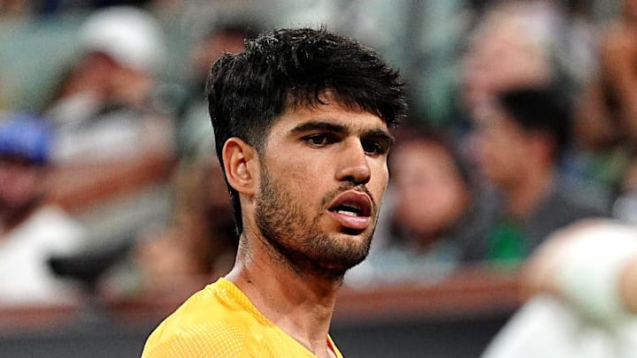 Carlos Alcaraz reacts after a match Carlos Alcaraz reacts after a match