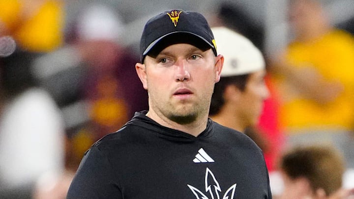 Arizona State head coach Kenny Dillingham walks the field prior to a game against Arizona at Mountain America Stadium in Tempe, on Nov. 28, 2025.