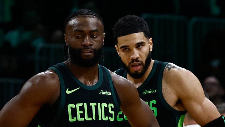 Boston Celtics guard Jaylen Brown (7) and forward Jayson Tatum (0) stand on the court during a timeout during the second half of their loss to the Cleveland Cavaliers at TD Garden. Boston Celtics guard Jaylen Brown (7) and forward Jayson Tatum (0) stand on the court during a timeout during the second half of their loss to the Cleveland Cavaliers at TD Garden.