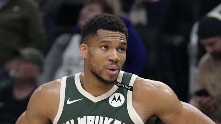 Apr 25, 2025; Milwaukee, Wisconsin, USA; Milwaukee Bucks forward Giannis Antetokounmpo (34) on the bench as the clock counts down against the Indiana Pacers during game three of first round for the 2024 NBA Playoffs at Fiserv Forum. Mandatory Credit: Michael McLoone-Imagn Images Apr 25, 2025; Milwaukee, Wisconsin, USA; Milwaukee Bucks forward Giannis Antetokounmpo (34) on the bench as the clock counts down against the Indiana Pacers during game three of first round for the 2024 NBA Playoffs at Fiserv Forum. Mandatory Credit: Michael McLoone-Imagn Images