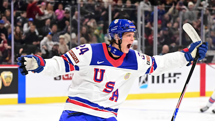 Michigan's Will Horcoff celebrates as the 2026 U.S. National Junior Team defeated Switzerland at the World Junior Championship in Minnesota. 