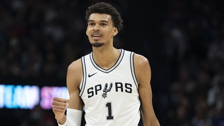 December 1, 2024; Sacramento, California, USA; San Antonio Spurs center Victor Wembanyama (1) celebrates against the Sacramento Kings during the second quarter at Golden 1 Center.
