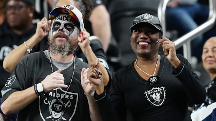 Nov 17, 2025; Paradise, Nevada, USA; Las Vegas Raiders fans during the second half of the game against the Dallas Cowboys at Allegiant Stadium. Mandatory Credit: Stephen R. Sylvanie-Imagn Images