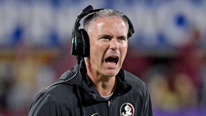 Sep 3, 2023; Orlando, Florida, USA; Florida State Seminoles head coach Mike Norvell is excited during the fourth quarter against the Louisiana State Tigers at Camping World Stadium. Mandatory Credit: Melina Myers-Imagn Images