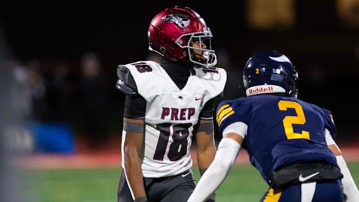 Central Catholic cornerback Xxavier Thomas (2) lines up across from St. Joseph's Prep wide receiver Jett Harrison in the first half of the PIAA Class 6A football championship game at Cumberland Valley High School, Saturday, Dec. 7, 2024, in Silver Spring Township, Pa.