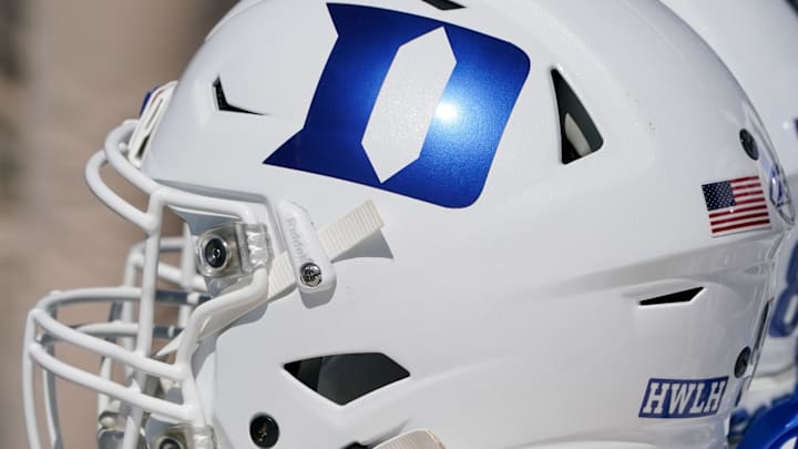 Sep 24, 2022; Lawrence, Kansas, USA; A general view of a Duke Blue Devils helmet against the Kansas Jayhawks during the second half of the game at David Booth Kansas Memorial Stadium. Mandatory Credit: Denny Medley-Imagn Images