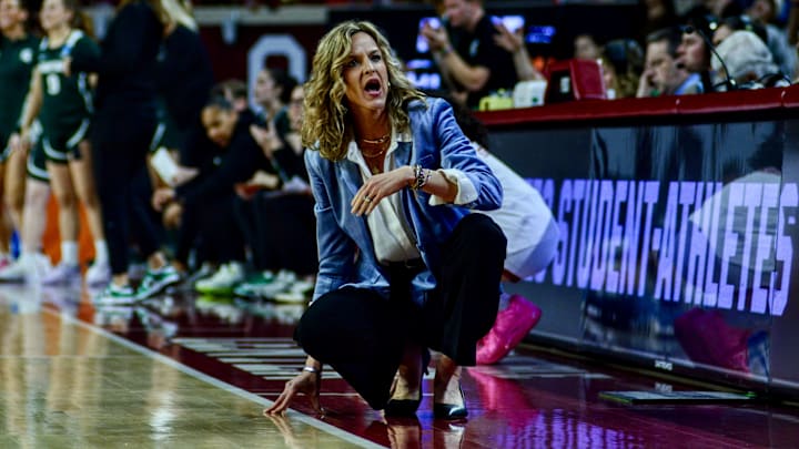 Oklahoma coach Jennie Baranczyk  reacts during the Sooners' second-round NCAA Tournament game against Michigan State on Sunday, March 22 2026.
