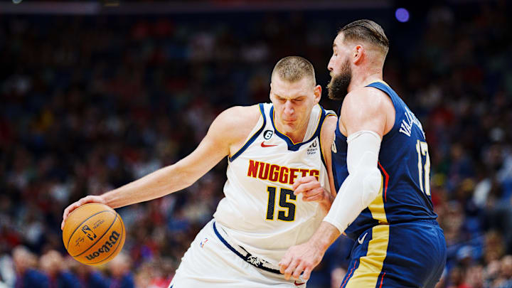 Dec 4, 2022; New Orleans, Louisiana, USA; Denver Nuggets center Nikola Jokic (15) fights for position against New Orleans Pelicans center Jonas Valanciunas (17) during the first quarter at Smoothie King Center. Mandatory Credit: Andrew Wevers-Imagn Images Dec 4, 2022; New Orleans, Louisiana, USA; Denver Nuggets center Nikola Jokic (15) fights for position against New Orleans Pelicans center Jonas Valanciunas (17) during the first quarter at Smoothie King Center. Mandatory Credit: Andrew Wevers-Imagn Images