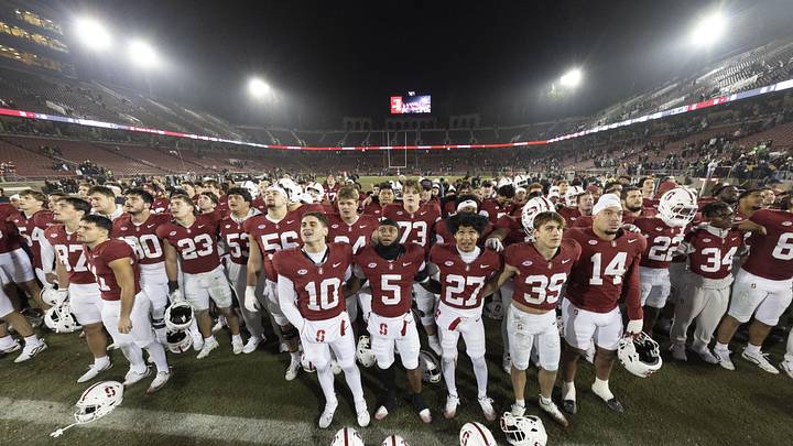 Nov 29, 2025; Stanford, California, USA;  General view of the players for Stanford Cardinal after losing to Notre Dame Fighting Irish at Stanford Stadium. Mandatory Credit: Stan Szeto-Imagn Images