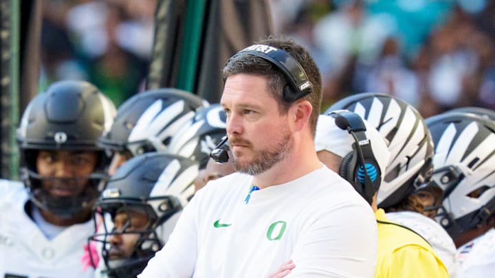 Oregon head coach Dan Lanning watches from the sideline as the Oregon Ducks take on the Texas Tech Red Raiders in the Orange Bowl on Jan. 1, 2026, at Hard Rock Stadium in Miami, Florida.