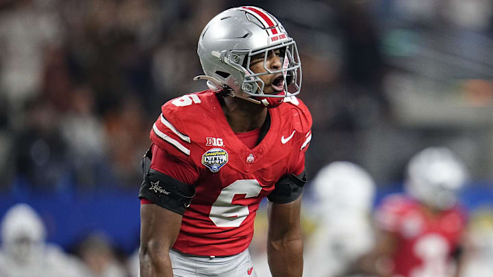 Ohio State Buckeyes safety Sonny Styles (6) celebrates a defensive stop during the first half of the Cotton Bowl Classic College Football Playoff semifinal game against the Texas Longhorns at AT&T Stadium in Arlington, Texas on Jan. 10, 2025.