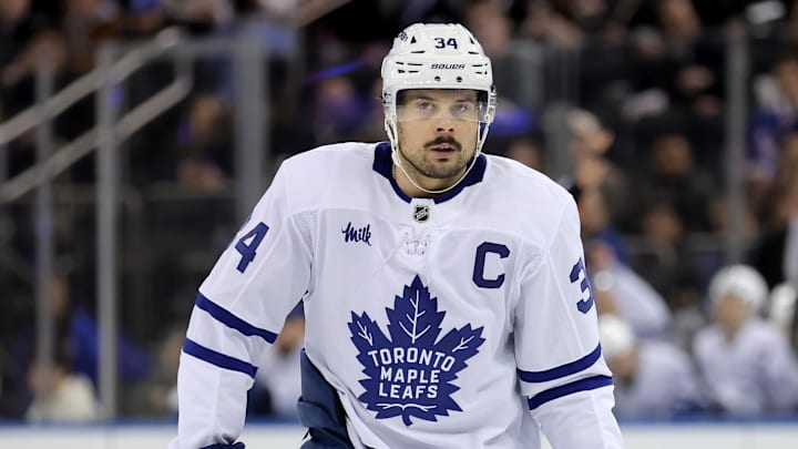 Mar 5, 2026; New York, New York, USA; Toronto Maple Leafs center Auston Matthews (34) skates against the New York Rangers during the third period at Madison Square Garden. Mandatory Credit: Brad Penner-Imagn Images