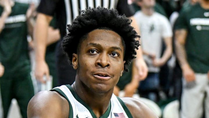 Michigan State's Cam Ward celebrates after scoring and drawing an Indiana foul during the second half on Tuesday, Jan. 13, 2026, at the Breslin Center in East Lansing.