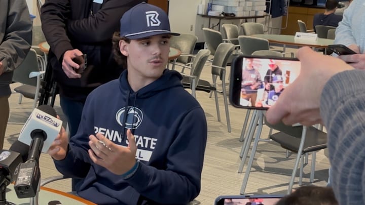 Penn State Nittany Lions quarterback Rocco Becht talks with reporters during a media availability at Beaver Stadium.