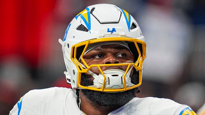 Dec 1, 2024; Atlanta, Georgia, USA; Los Angeles Chargers guard Jamaree Salyer (68) shown on the field before the game against the Atlanta Falcons at Mercedes-Benz Stadium. Mandatory Credit: Dale Zanine-Imagn Images