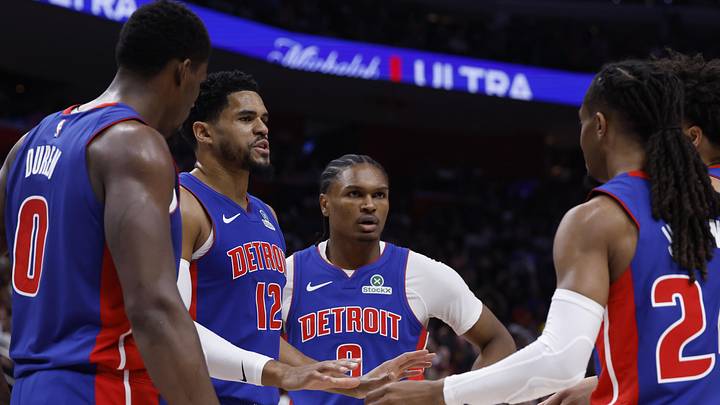 May 17, 2026; Detroit, Michigan, USA; Detroit Pistons center Jalen Duren (0), forward Tobias Harris (12), guard Ausar Thompson (9), guard Cade Cunningham (2) and guard Daniss Jenkins (24) : Rick Osentoski-Imagn Images